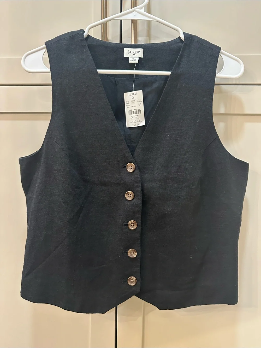 J. Crew Black Button-Front Linen Blend Vest- Womens 8